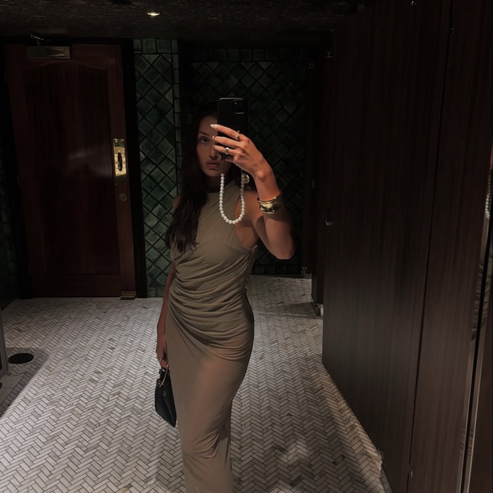 Olive green ruched mesh maxi dress